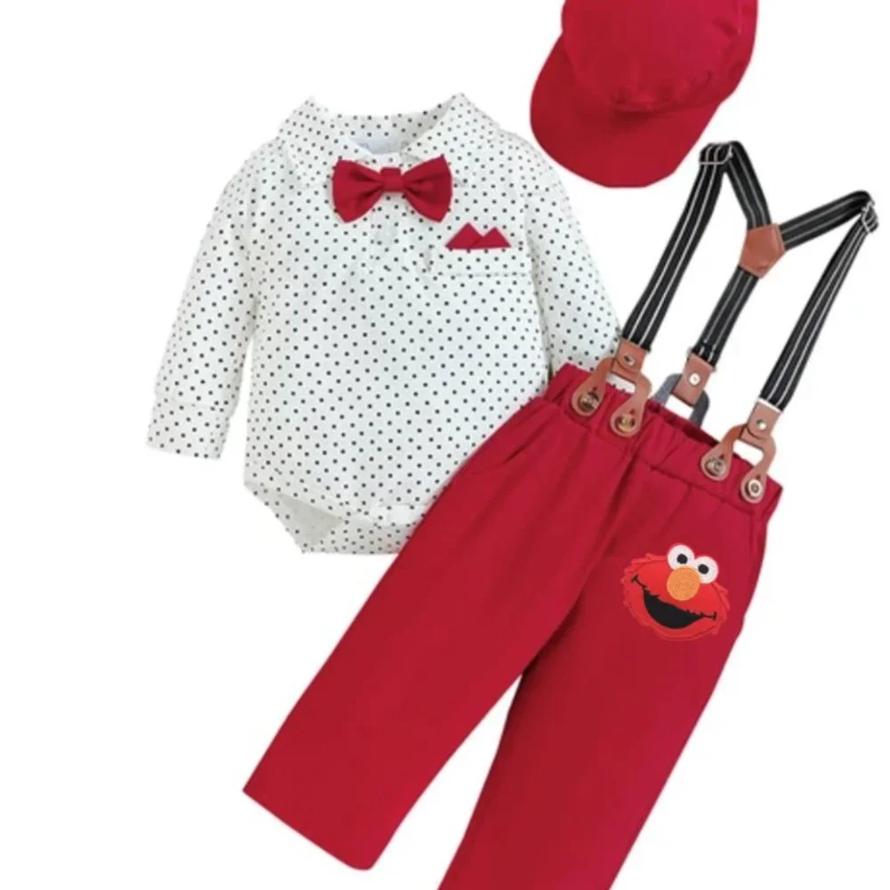 Elmo Outfit Boy Smash Cake Birthday Clothes Sesame Street Suspenders Hat - Picture 2 of 7